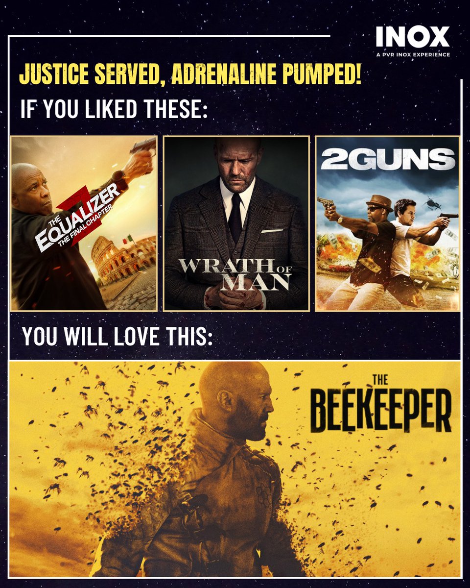 INOXMovies's tweet image. If the heart-pounding action of #TheEqualizer3, #WrathOfMan, and #2Guns left you on the edge of your seat, brace yourself for Jason Statham's latest thrill ride – #TheBeekeeper! 🐝

Releasing at an #INOX near you on 19th January.
Book tickets now: inoxmovies.com

.
.