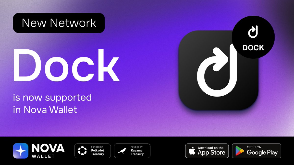 NovaWalletApp's tweet photo. New network – Dock – is now available in Nova Wallet! 🎉

The @docknetwork's Reusable Digital ID platform allows companies to issue, verify and monetize Reusable Digital ID credentials. 🤩

Download Nova Wallet! 🚀
https://t.co/NGMwicsLFx https://t.co/Tq0TBuHrZz