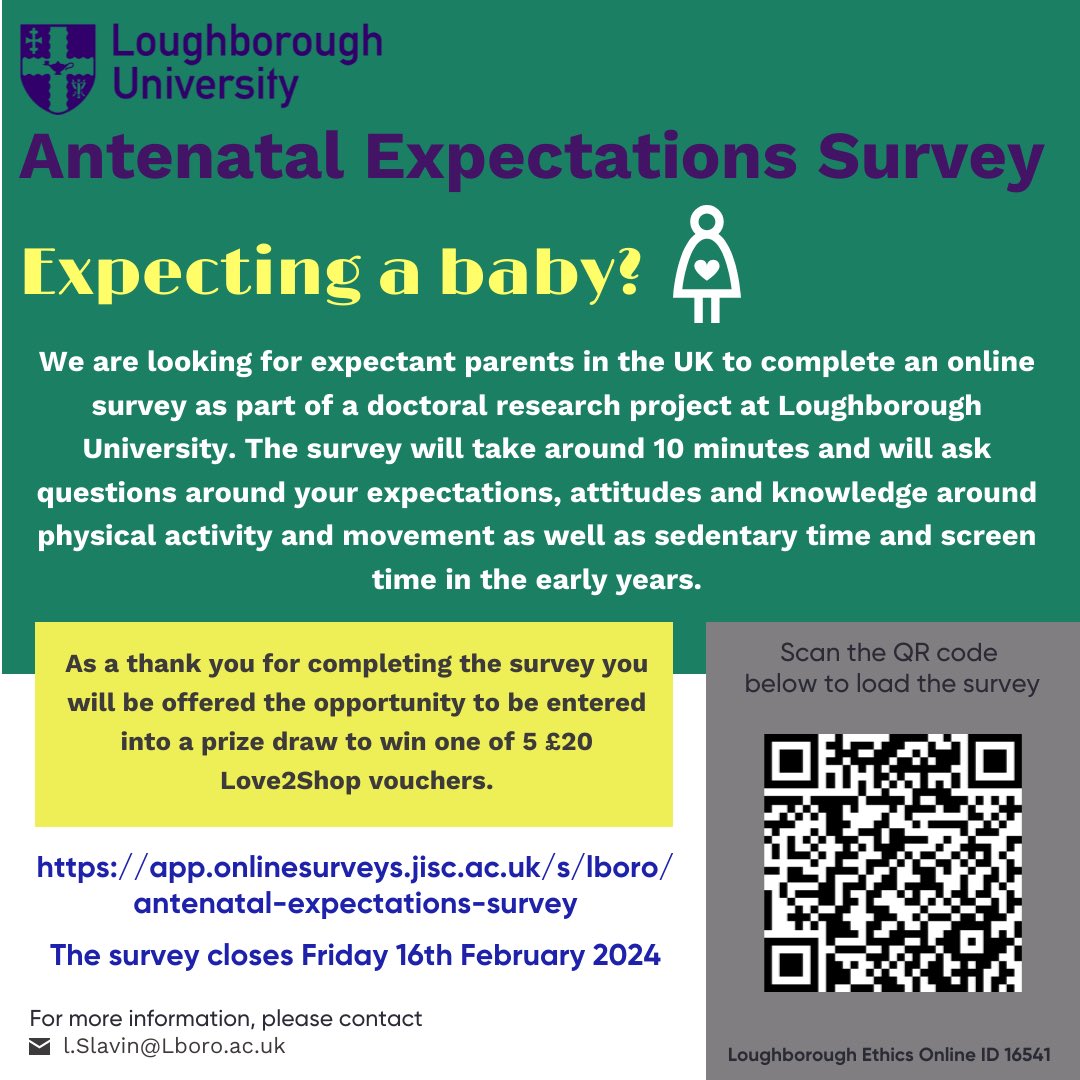 Lucy Slavin (@lucy_slavin) on Twitter photo As part of my PhD at <a href="/lborouniversity/">Loughborough University</a> I am looking for expectant parents (both of them!) to complete a short survey - please share!
app.onlinesurveys.jisc.ac.uk/s/lboro/antenaā¦
<a href="/LboroSSEHS/">LboroSSEHS</a>
#research #expectantparents #pregnant #pregnancy As part of my PhD at <a href="/lborouniversity/">Loughborough University</a> I am looking for expectant parents (both of them!) to complete a short survey - please share!
app.onlinesurveys.jisc.ac.uk/s/lboro/antenaā¦
<a href="/LboroSSEHS/">LboroSSEHS</a>
#research #expectantparents #pregnant #pregnancy