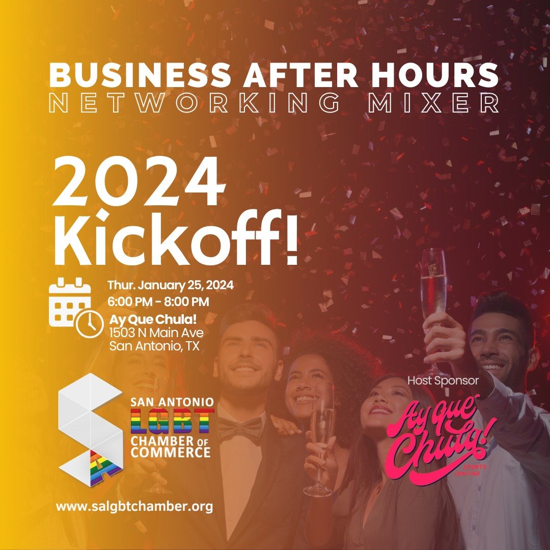 salgbtchamber's tweet photo. Kick off 2024 in style surrounded by the supportive and inclusive atmosphere of the San Antonio LGBT Chamber of Commerce! You're invited to join us for an unforgettable evening of networking and celebration at the trendiest spot in the Gayborhood - Ay Que Chula!
Connect with like-minded professionals and entrepreneurs from our vibrant #LGBTQ+ business community. Indulge in delicious bites and refreshing drinks at Ay Que Chula, the newest hotspot on North Main.
Everyone is welcome! RSVP here: https://t.co/Vn3lNQ9je1