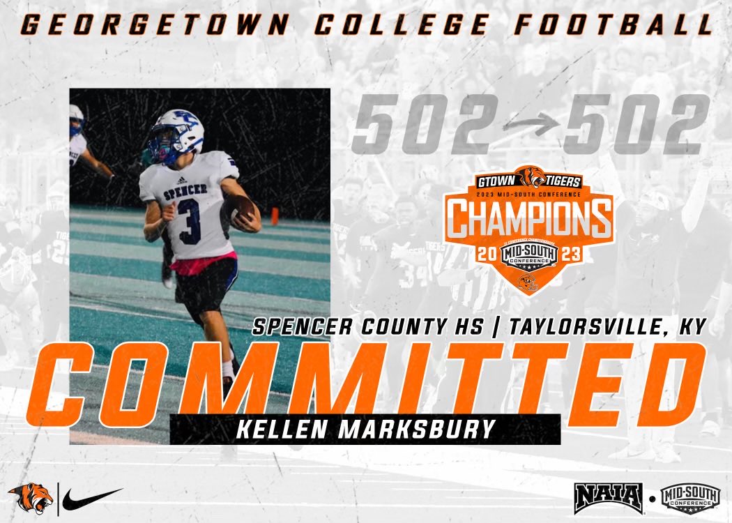 Kellen Marksbury (@kellenmar3) on Twitter photo Excited to announce my commitment to <a href="/Gtown_Football/">Georgetown College Football</a> special thanks to <a href="/GtownCoachO/">Chris Oliver</a> <a href="/coach_grady/">Clyde Grady</a> and the entire football staff for their belief in me. Go Tigers! Excited to announce my commitment to <a href="/Gtown_Football/">Georgetown College Football</a> special thanks to <a href="/GtownCoachO/">Chris Oliver</a> <a href="/coach_grady/">Clyde Grady</a> and the entire football staff for their belief in me. Go Tigers!