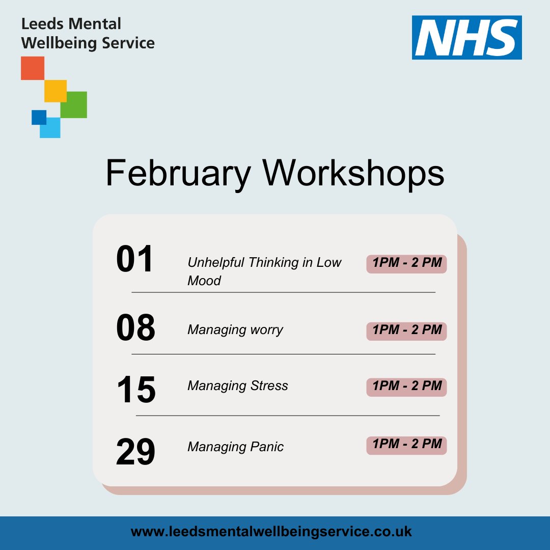 Here are our free wellbeing workshops planned for the month of February. Visit our website in the link below for more information and how to sign up into any of our sessions. Find out more in the link below: leedscommunityhealthcare.nhs.uk/our-services-a… #MentalHealthsupport #February #Wellbeing