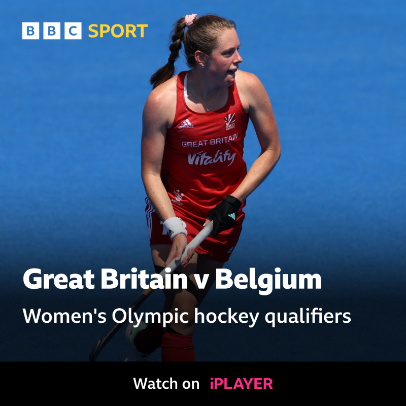BBCSport's tweet photo. 🇬🇧🏑 Huge match for Great Britain!

If the women's team beat Belgium they will make it to the Paris Olympics... if they lose, they go into a 3rd/4th place play-off.

Watch now on @BBCiPlayer, Red Button and the BBC Sport app ⬇️