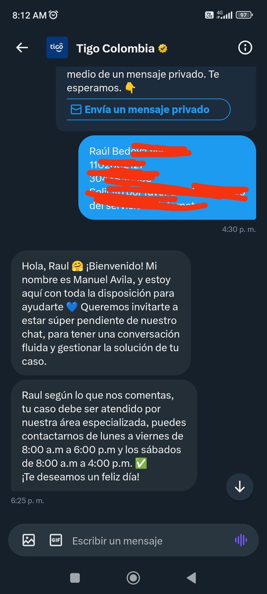 Rabedo86's tweet photo. @Tigo_Colombia Que la imagen hablé por si sola,  les escribí desde las 4:30 y a las 6:30 dos horas después me salen con esto.  En serio no hay un humano que responda en el call Center o eso ya no existe? https://t.co/EDTn8KDg1z