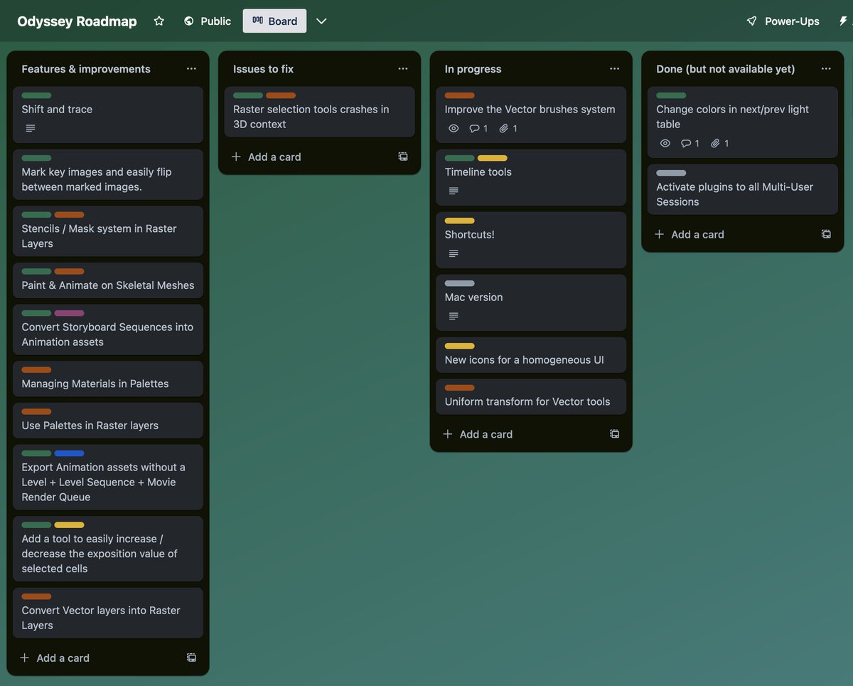 praxinos's tweet photo. If you want to follow Odyssey development, there is a Trello available for a few days! You can even vote for features to help us sort out the features or fixes you need the most 😊
👉 https://t.co/aQd4Mc8e1N
#unrealengine #odyssey #ue5 #animation #2d3 #storyboard https://t.co/5Dw9Ahnjrj