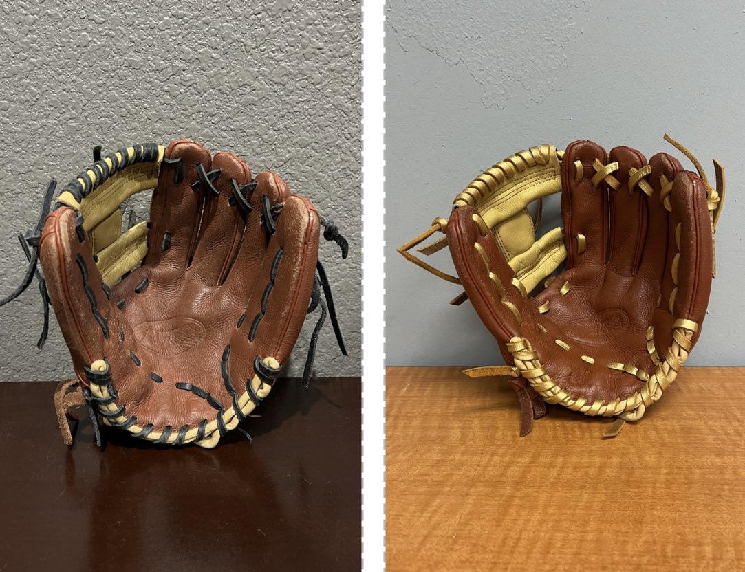 bcaddell12's tweet photo. Haven’t posted in awhile but I have been busy trying to get ready for the season but I still made some time to get some gloves done. I always like to see gloves come back to life! It’s still not to late! Get your gloves some new life! https://t.co/sJCuGtVFqL