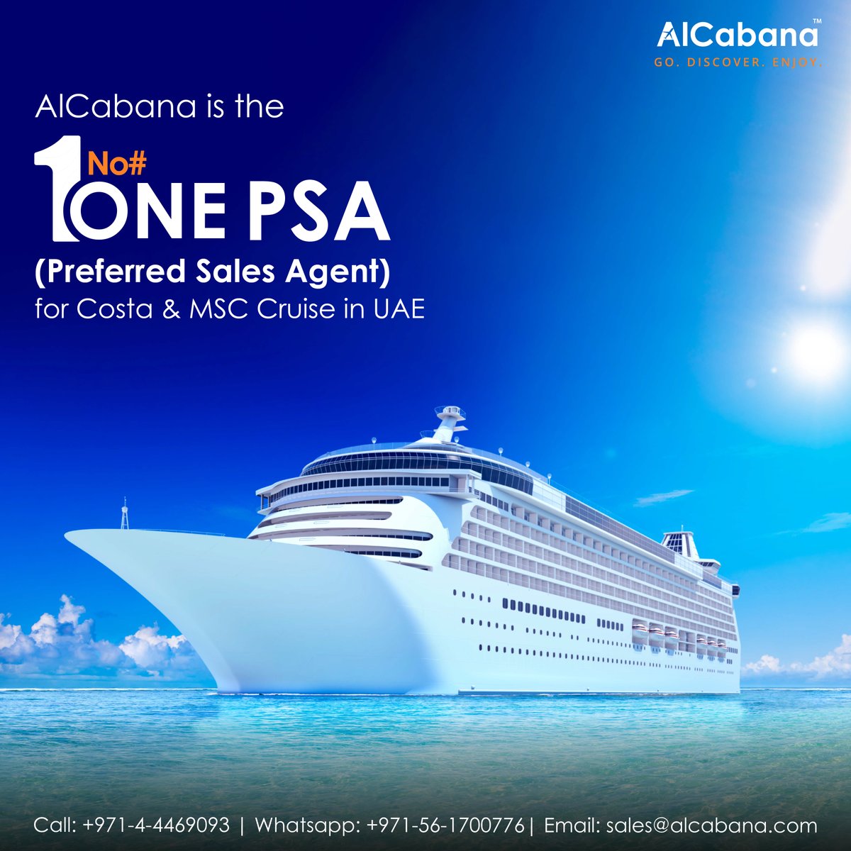 Sail into luxury with AlCabana, your No. 1 Preferred Sales Agent for Costa & MSC Cruise in the UAE. Elevate your travel experience and embark on unforgettable journeys with us.
#LuxuryCruiseExperience #AlCabana #PSA #MemorableVoyage #AlCabanaAdventures #AllInclusiveLuxury