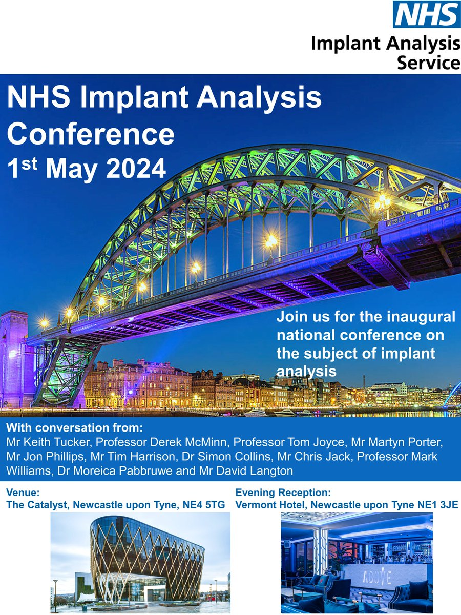 NHS Implant Analysis Conference, May 1st. 
The Catalyst (great venue) + Newcastle (great city).
Great speaker line up (see flyer). Should be a really interesting day of discussion. 
implantanalysis.nth.nhs.uk/ias-conference…
<a href="/BritOrthopaedic/">BOA</a> @baskonline <a href="/TheKneeJournal/">The Knee</a> <a href="/BritishHip/">British Hip Society</a> #arthroplasty
