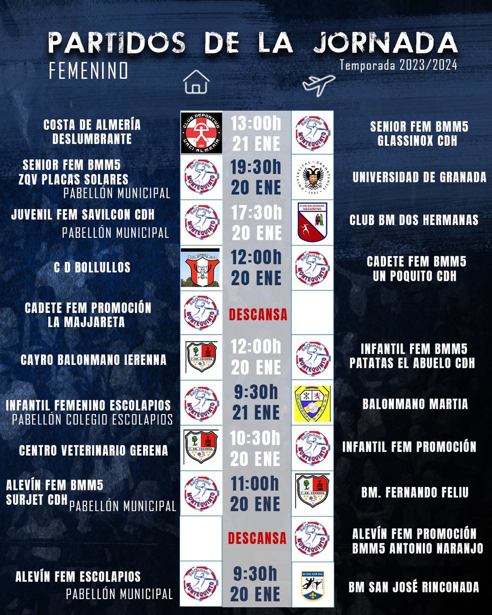 BMMontequinto's tweet photo. 🗓️ ⏰ ¡Horarios de esta jornada!💙 

#sienteellatidoazul #balonmano #familia #cantera https://t.co/rGouU0cUxF