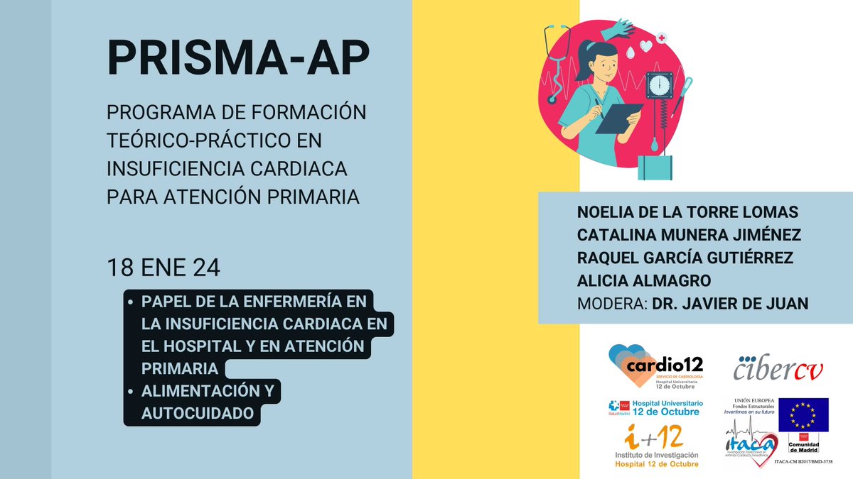 Tras el parón navideño, esta tarde retomamos las sesiones PRISMA para tratar el papel de la enfermería en Insuficiencia Cardiaca 👇👇
<a href="/JavierdeJuan1/">Javier de Juan</a> <a href="/Noelia_nurse/">Nde la Torre</a> #PRISMAAP