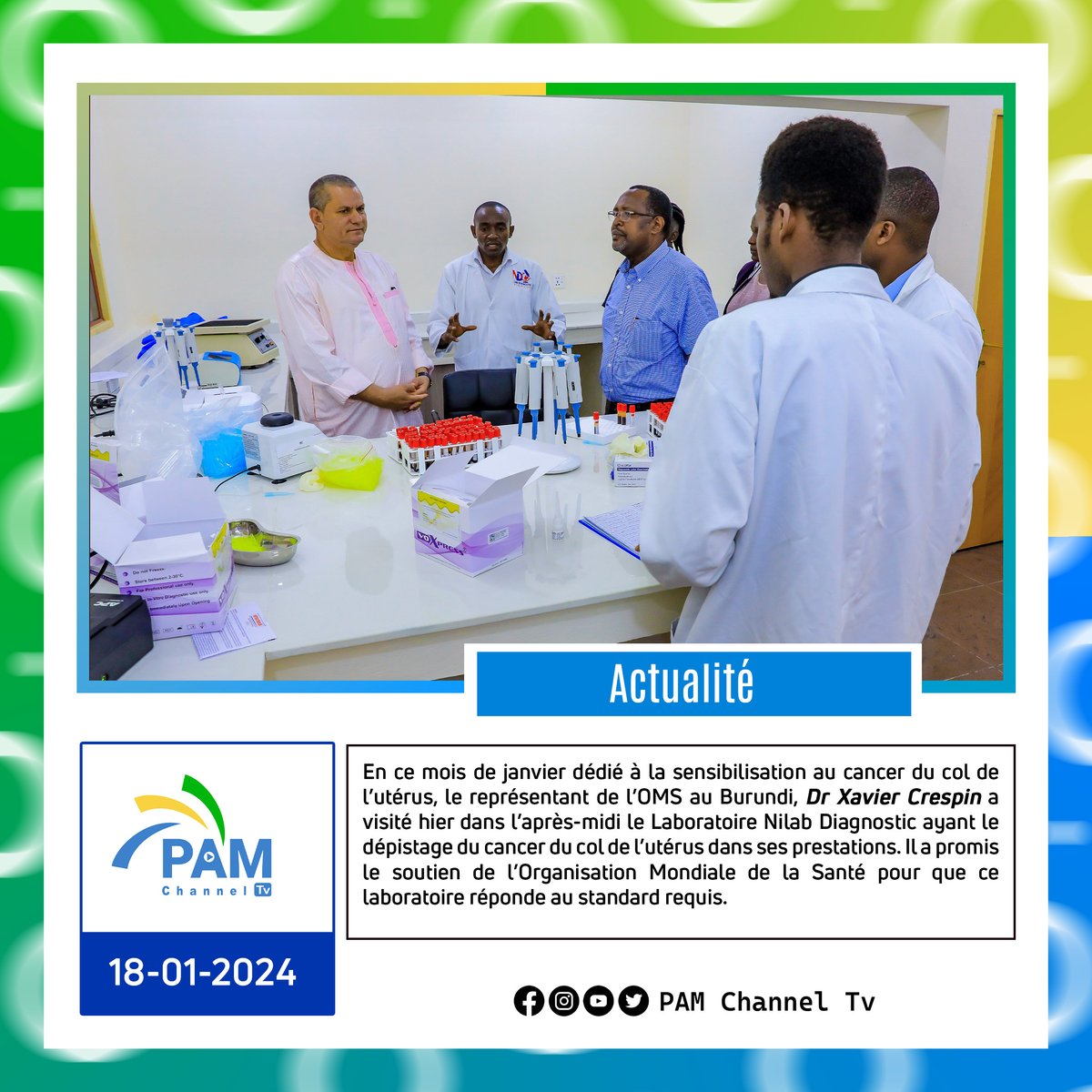 pamchanneltv's tweet photo. #Burundi: Le @DrCrespin représentant de @WhoBurundi a rendu visite hier au laboratoire Nilab pour féliciter et encourager son propriétaire, la célèbre athlète @FrancineNiyons4 pour ses prestations de dépistage du col de l'utérus.
#PAMChannelTV #santepublique #Nilab https://t.co/RHbjCC20c9