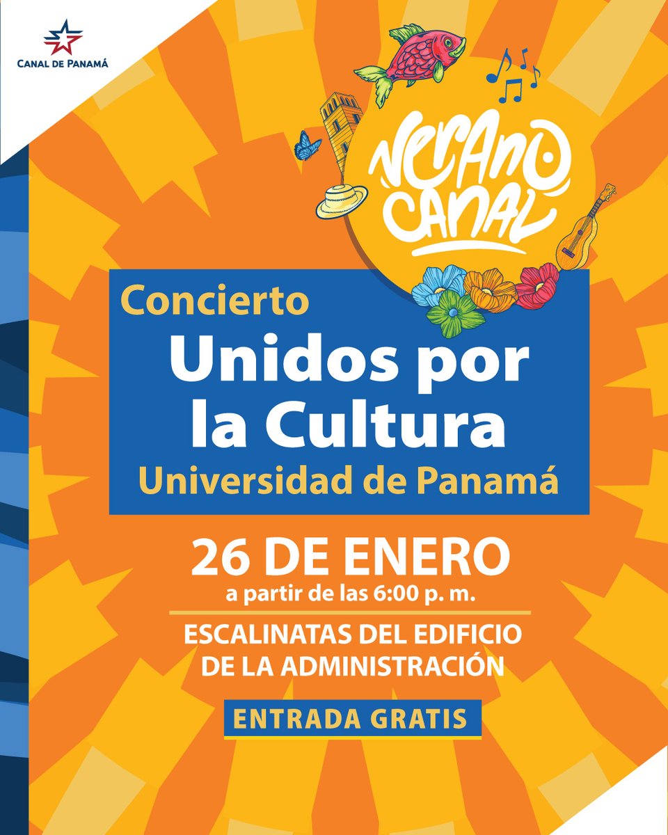canaldepanama's tweet photo. 📣No te puedes perder el Concierto Unidos por la Cultura de la Universidad de Panamá.
📆Viernes 26 de enero
⌚6:00 p.m.
👩‍👩‍👦‍👦ENTRADA GRATIS...
#VeranoCanal #Canaldepanamá https://t.co/jUhen1Ifea