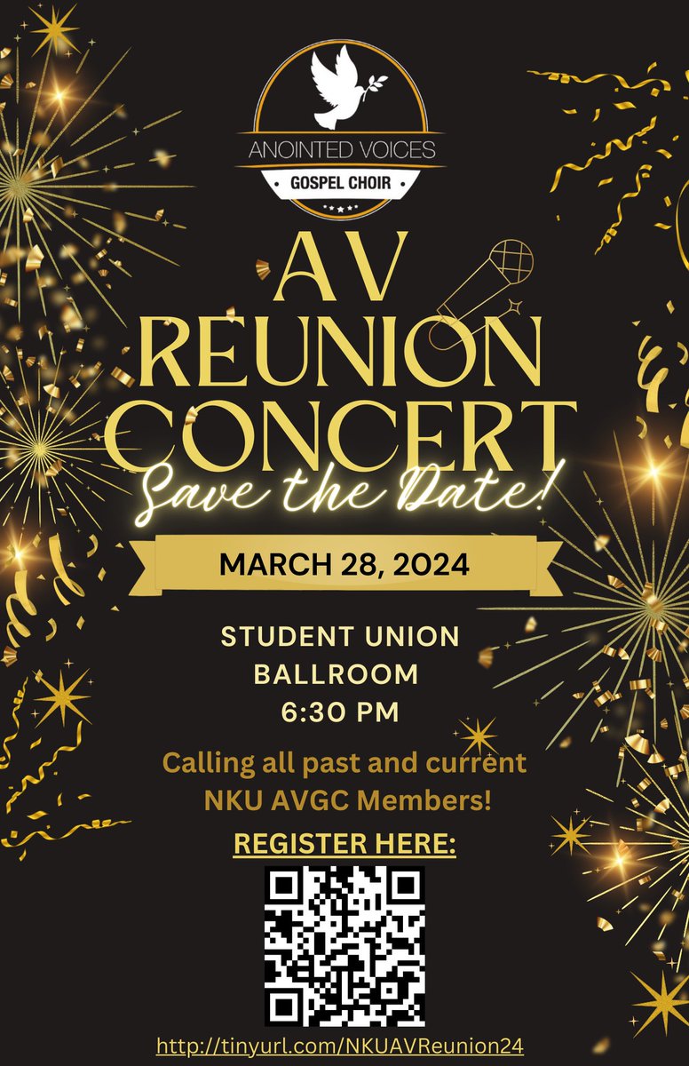 SAVE THE DATE!!! Calling all NKU Anointed Voices Gospel Choir members (past, present &amp; those looking to join). We are excited to announce the next AV Reunion Concert! Interested in participating? Access the registration link by visiting our linktree: linktr.ee/nku_aasi
