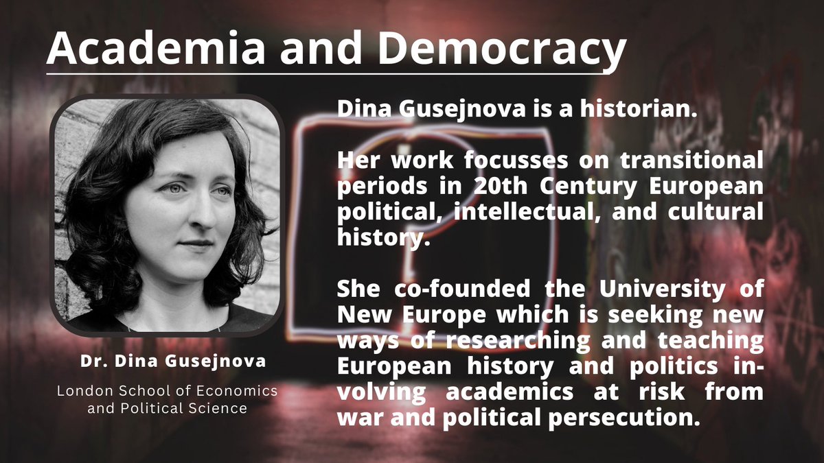 Dina Gusejnova from @lsehistory + member of @NewEuropeU completes the podium for PART 1 of 'Academia and Democracy'. Her discussion with Torsten Wilholt + @karolinawigura is hosted by @Anja_WS from @Tagesspiegel. Stay tuned for PART 2 📢