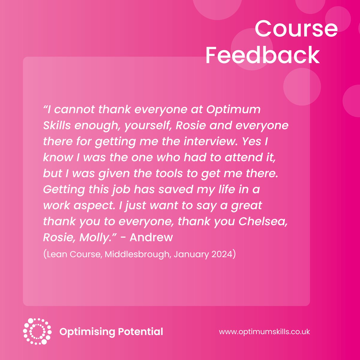 optimumskillsNE's tweet image. Well done to Andrew, who successfully gained employment after completing one of our Short Courses in Lean at our Middlesbrough Hub last week! 👏

Are you looking for free training opportunities to support yourself into employment?

✉️ info@optimumskills.co.uk

#CourseFeedback