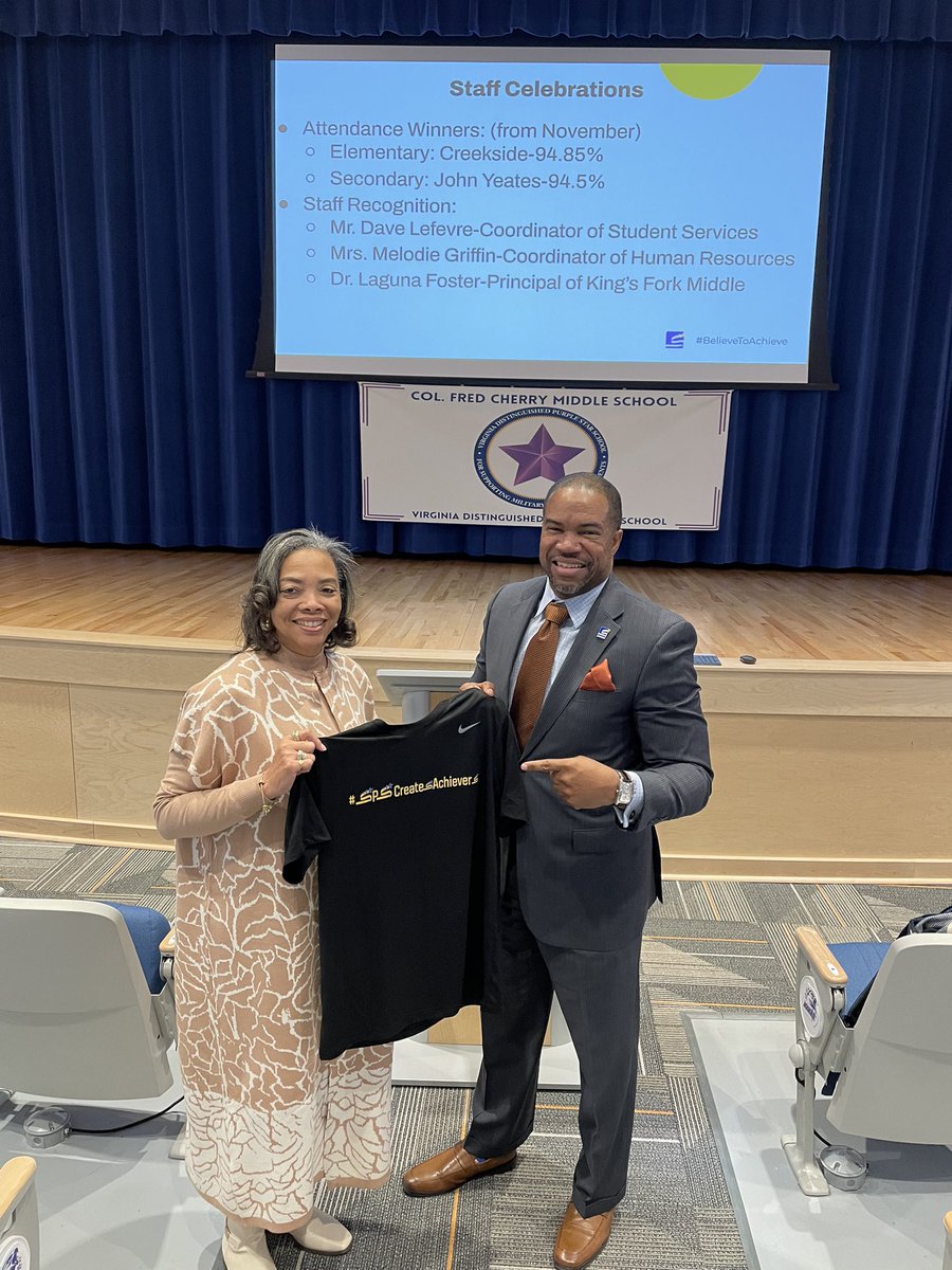 Congratulations to @lagunafoster, principal @KFMSjaguars757 and to Mrs. Griffin from @SPS_HR for all of your hard work in making @SufVAschools the premier school division in the country!!! #SPSCreatesAchievers #ThankYou