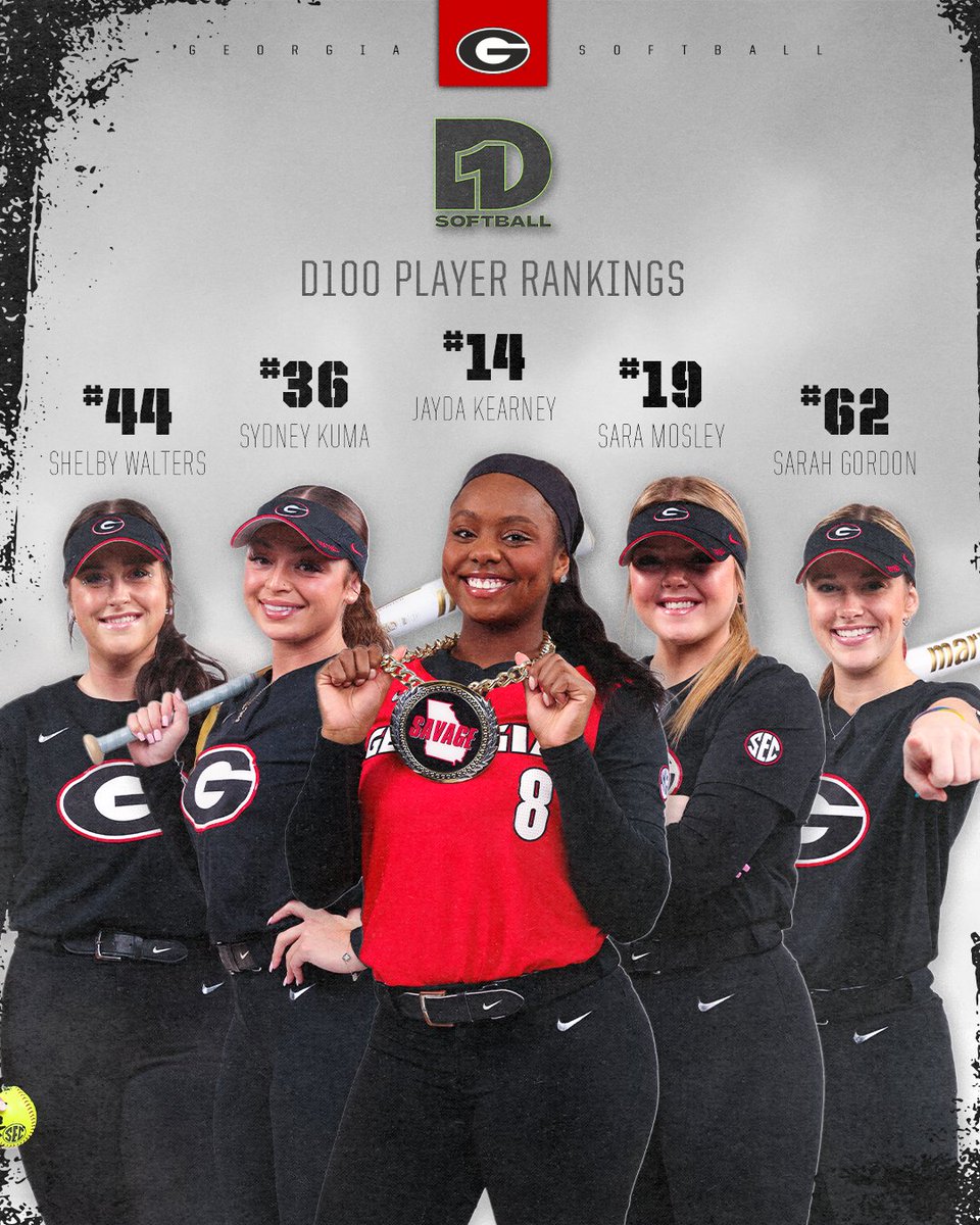 The Dawgs are representing on @D1Softball's D100 Player Rankings 💪 @jaydakearney (#14) @saramosley33 (#19) @sydneykumzzz (#36) @Shelbo0824 (#44) @sarahgordon008 (#62) #Team28 | #GoDawgs