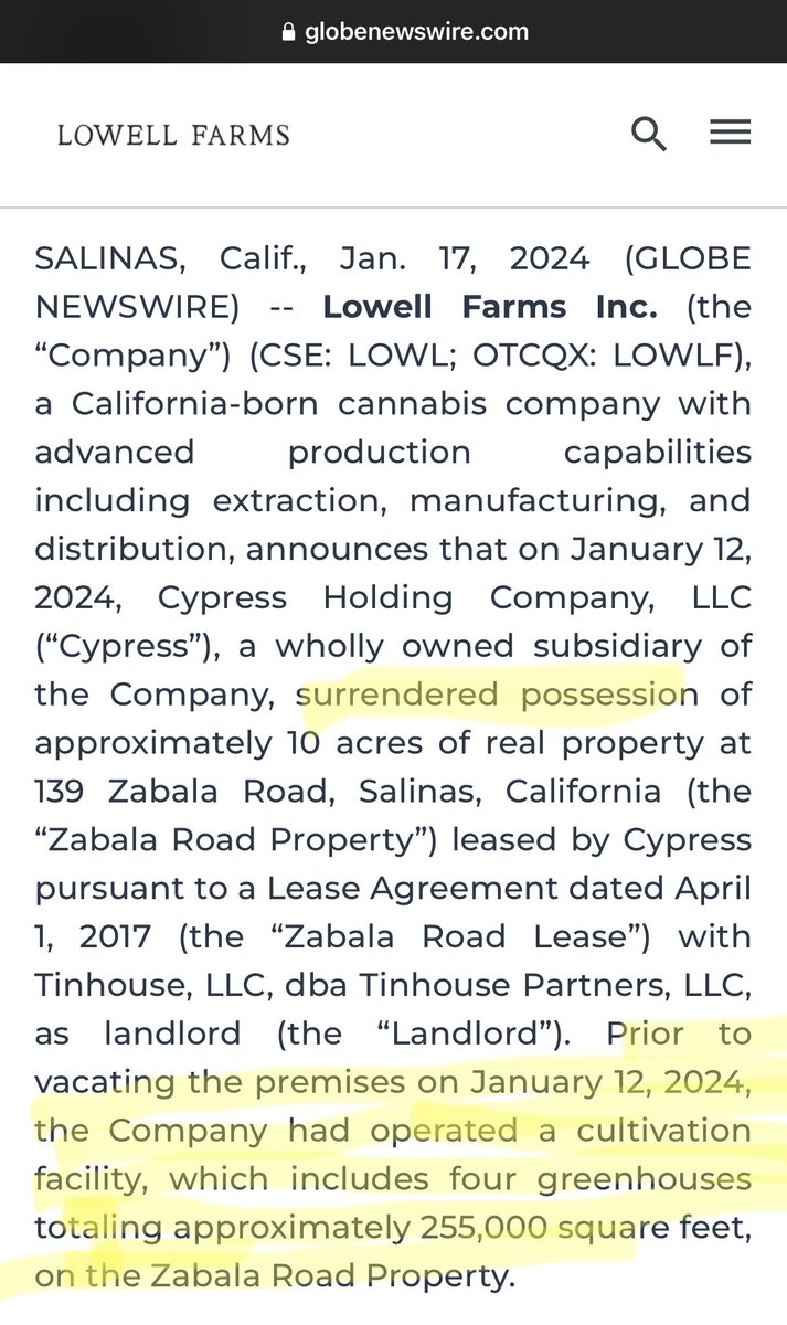 One month after telling employees, $LOWLF issued a PR stating they have surrendered the facility that generates 90%+ of the company’s sales. (h/t @junglejava1 )