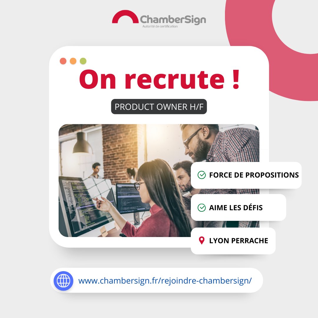 ChamberSignFR (@chambersignfr) on Twitter photo 🚨 On recrute un Product Owner H/F 🚨
✅ Tu as un fort esprit d’équipe ?
✅ Tu es organisé ?
✅ Tu es réactif et force de propositions ?
📍  Basé à Lyon Perrache.
Pour postuler 👉 fr.indeed.com/jobs?q=chamber… 🚨 On recrute un Product Owner H/F 🚨
✅ Tu as un fort esprit d’équipe ?
✅ Tu es organisé ?
✅ Tu es réactif et force de propositions ?
📍  Basé à Lyon Perrache.
Pour postuler 👉 fr.indeed.com/jobs?q=chamber…