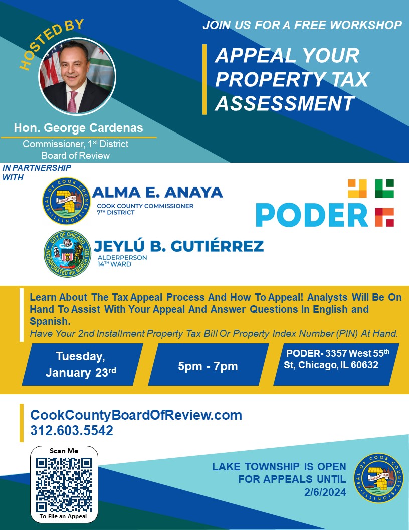 PODERWorks's tweet photo. Property Tax Appeal Workshop at #PODERHQ brought to you by @CardenasBOR, @AlmaAnaya7th and @AldJeylu.

🗓️ 1/23
🕚 5pm-7pm
📍 3357 W 55th St https://t.co/FV325iC9Qb
