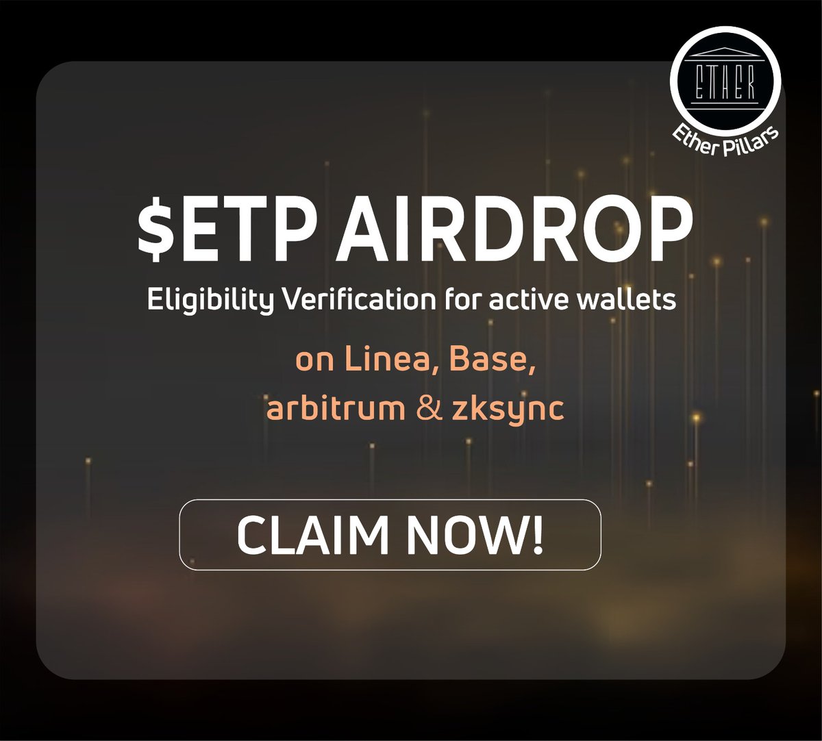 OmniPillar 🏛️ (Prev. EtherPillar) (@omnipillar_) on Twitter photo Ether Backer $ETP Airdrop Claim is Live!
If you've been an active user of major L2 chains like <a href="/arbitrum/">Arbitrum</a>, @BuildOnBase, <a href="/LineaBuild/">Linea.eth</a> and <a href="/zksync/">ZKsync (∎, ∆)</a>, we've got a surprise for you.
You can now verify your eligibility by claiming 1400 $ETP token reward.
Open for the first 100k ONLY! Ether Backer $ETP Airdrop Claim is Live!
If you've been an active user of major L2 chains like <a href="/arbitrum/">Arbitrum</a>, @BuildOnBase, <a href="/LineaBuild/">Linea.eth</a> and <a href="/zksync/">ZKsync (∎, ∆)</a>, we've got a surprise for you.
You can now verify your eligibility by claiming 1400 $ETP token reward.
Open for the first 100k ONLY!