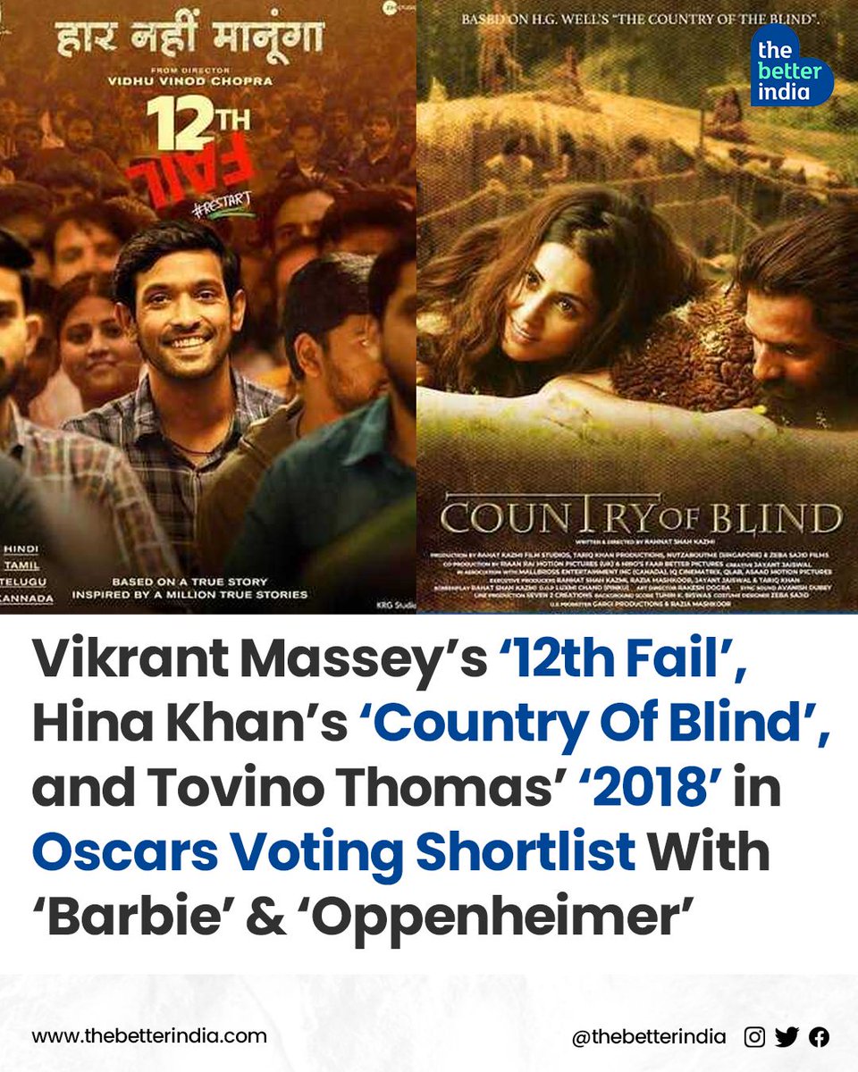 In the pursuit of the coveted Oscar nominations, three notable Indian films have earned spots in the #Oscars Voting Shortlist.   

@VikrantMassey @eyehinakhan @ttovino 

#indianmovies #12thfail #countryofblind #oscars2024 

[Vikrant Massey, Hina Khan, Oscars 2024, Indian Cinema]