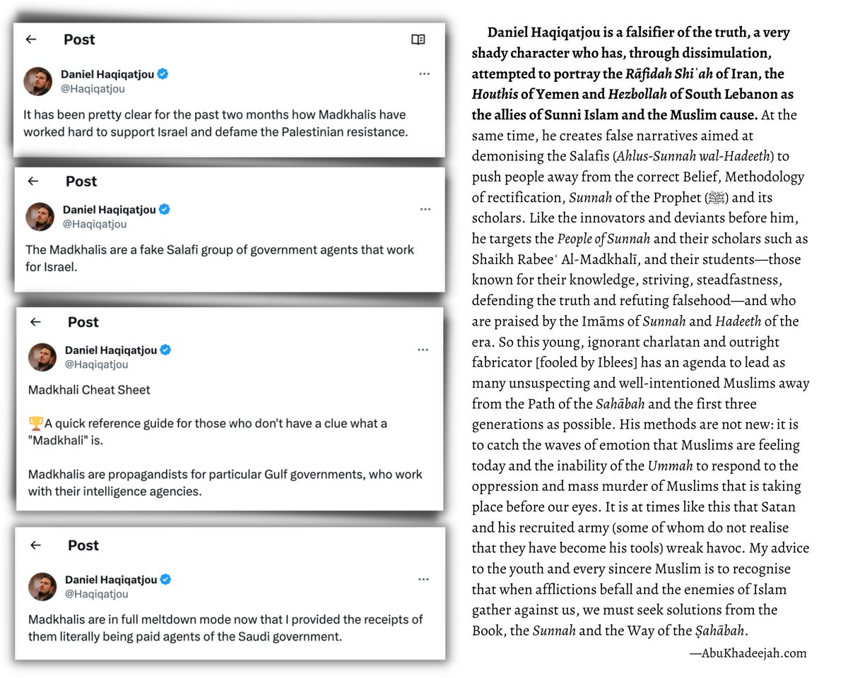 AbuKhadeejahSP's tweet photo. Shaikh Ibn ʿUthaimīn was asked about Shaikh Rabeeʿ Al-Madkhalī. So, he responded: “It is clear that this question does not require my answer just as Imām Ahmad (Ibn Hanbal) was asked about Ishāq Ibn Rāhawaih (d. 238 H), so he replied, ‘Someone like me is asked about Ishāq?! Instead, Ishāq is to be asked about me.’ At the beginning of my speech, I spoke about Shaikh Rabeeʿ, may Allāh grant him success, and what I mentioned has never ceased to be what I hold about him in my soul until this time––his arrival here and his words that have reached me––no doubt, they are such that they increase a person in his love for him, and supplication for him.” 
Now, weigh the speech of this great scholar with the defamation and revilement perpetrated by Daniel Haqiqatjou against Shaikh Rabeeʿ and the Salafis! Who will you believe?