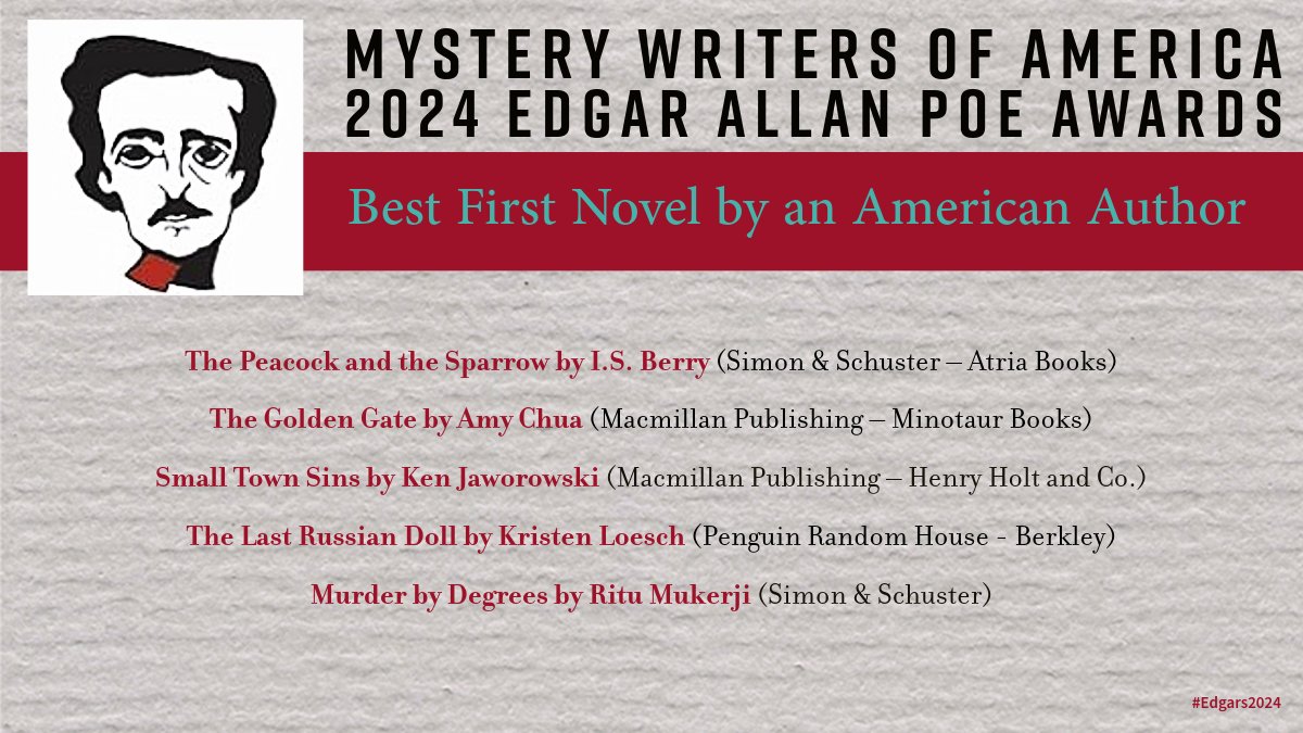EdgarAwards's tweet photo. Congratulations to the nominees for Best First Novel by an American Author. #Edgars2024 https://t.co/SGtTfRKbh1