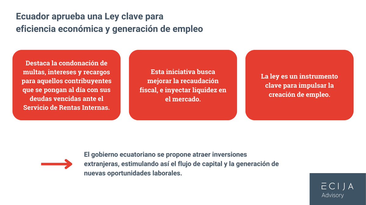 Nueva Ley de Eficiencia Económica y Generación de Empleo en Ecuador

👉 una reforma tributaria integral que contempla medidas decisivas para el fortalecimiento económico del país.

#ECIJAAdvisory #ECIJAEcuador #leyeficienciaeconomica