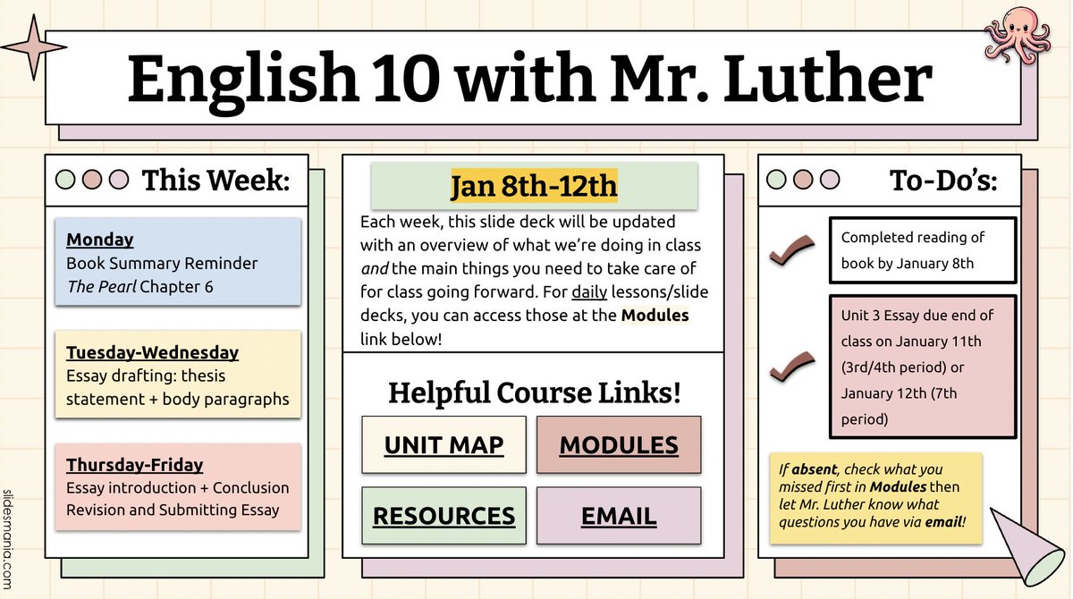 Having an ongoing slide deck for my classes has continued to be SUPER helpful. Each week I just add a new slide to the top w/ our upcoming activities and due dates! More accessible for families, too, compared to LMS platforms like Canvas. Template here: docs.google.com/presentation/d…