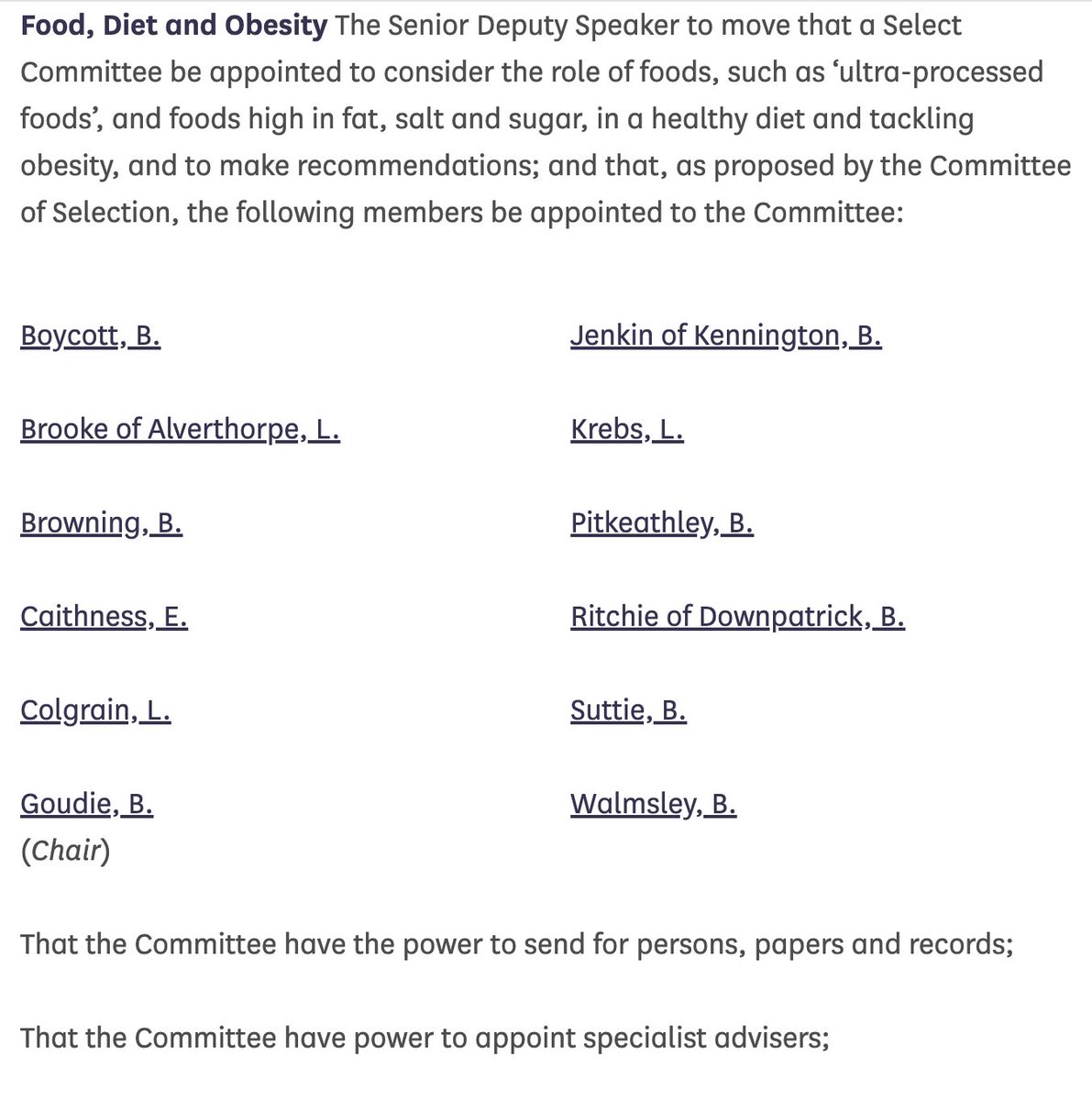 New @UKHouseofLords Special Inquiry on Food, Diet & Obesity incl. Ultra-Processed Food: 'to consider the role of foods, such as ‘ultra-processed foods’, & foods high in fat, salt & sugar, in a healthy diet and tackling obesity, & to make recommendations' lordsbusiness.parliament.uk/ItemOfBusiness…