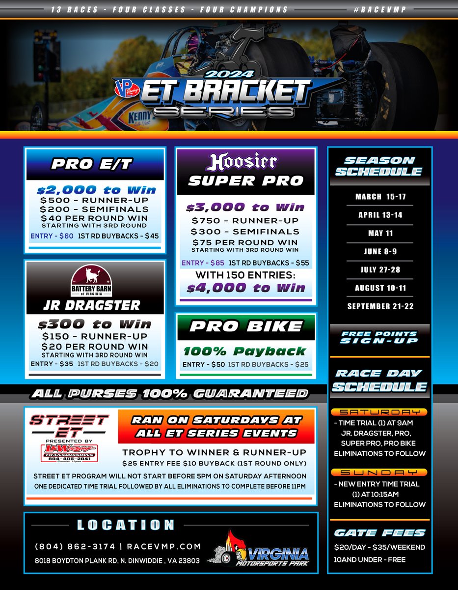 For the next to last schedule announcement this week, the 2024 VP Racing Fuels ET Bracket Series! We're proud to have one of the strongest supported ET Series on the east coast, averaging over 285 entries at each event in 2023! #RaceVMP | #VMP | #ETBracketSeries