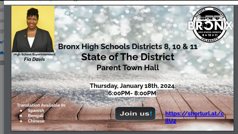 TODAY One of our very own students will be highlighted Topic: Bronx High Schools D8,10,11 Virtual Parent Town Hall Time: Jan 18, 2024 06:00 PM Eastern Time (US and Canada) Join Zoom Meeting zoom.us/j/4813021576?p… Meeting ID: 481 302 1576