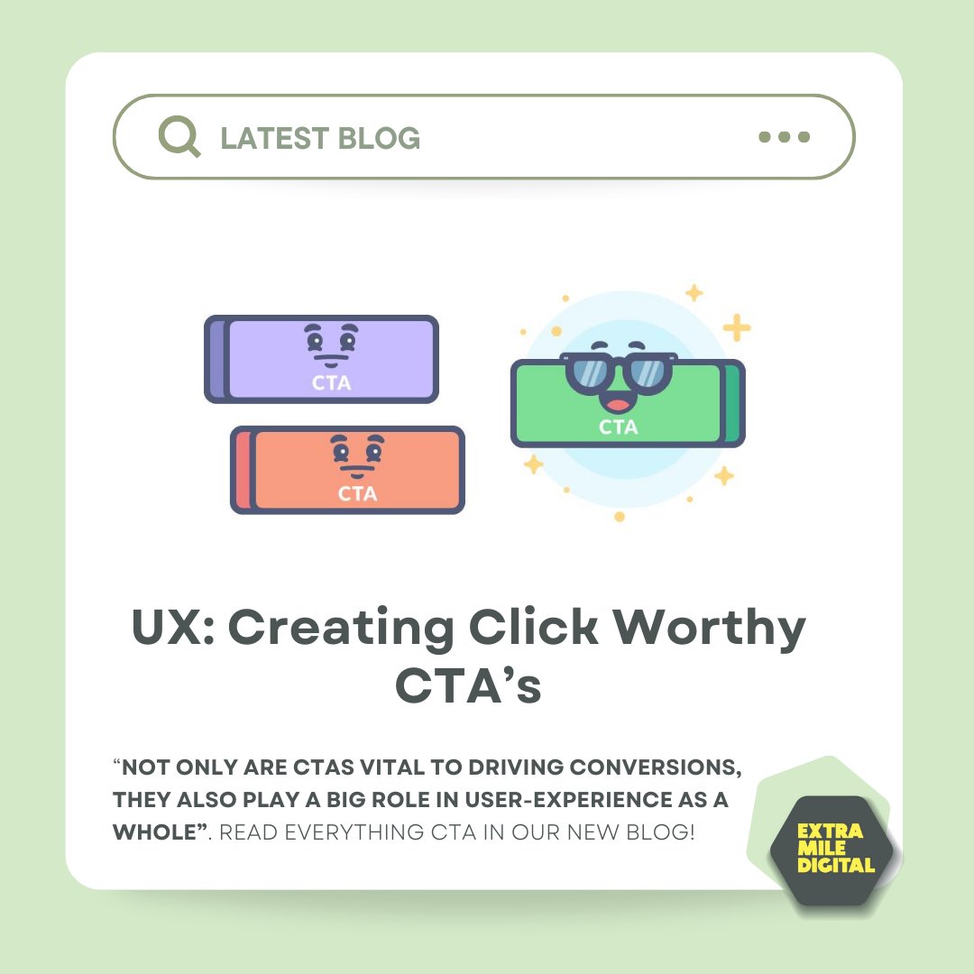 ExtramileD's tweet image. Did you know 👇🏻

Our latest blog in the UX series explores the importance of clarity, visual appeal, urgency and much more when it comes to your CTA.

You can find the blog through the link in our bio. Enjoy! 💻

#cta #calltoaction #UXblog #UX #digitalmarketingagency