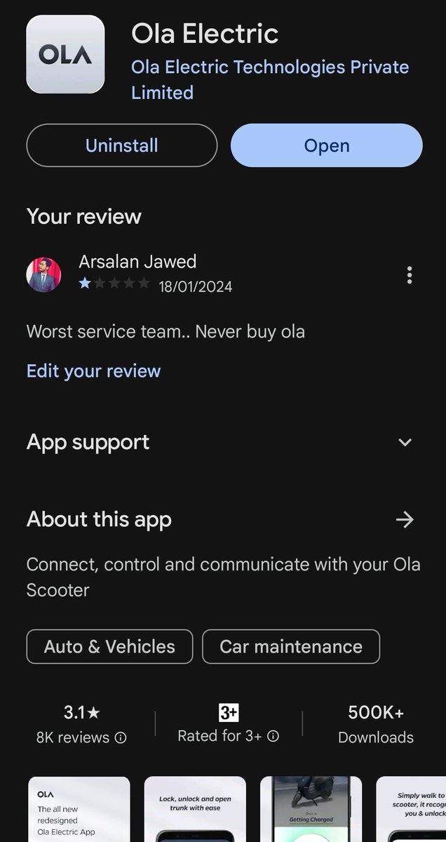 ArsalanJCar's tweet photo. @bhash @khushnavkk @OlaElectric The truth never be hidden. Your 3.1 star rating shows how your customers are unhappy. You FAILED to provide service.
I'm also struggling for more than 30 days but no solution yet.
@OlaElectric @bhash @ola_supports @Olacabs @BBCHindi https://t.co/vPjg7ucTWv