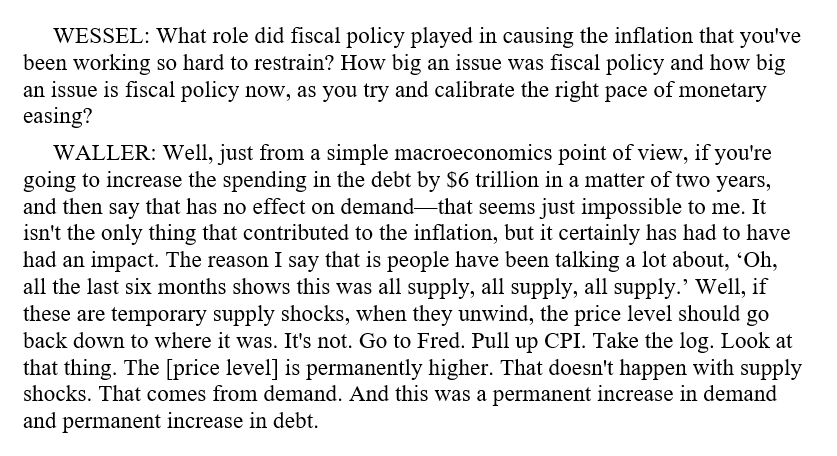 Was it all 'just supply' that caused inflation? Fed governor Chris Waller is not having it. 'If these are temporary supply shocks, when they unwind, the price level should go back to where it was. It's not. Go to Fred. Pull up CPI. Look at that thing.'