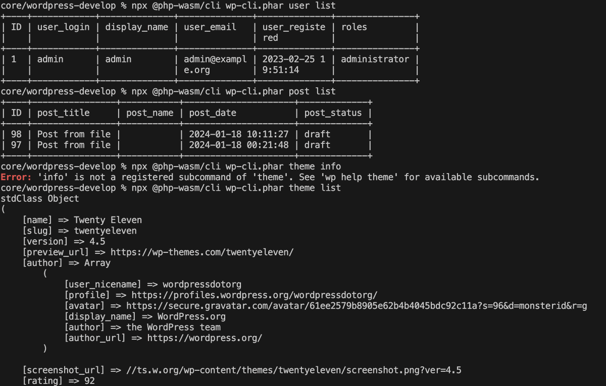 You can now run wp-cli in terminal with Playground's WebAssembly PHP!

npx @php-wasm/cli wp-cli.phar user list

I only tested a few basic commands so far and they all worked. I’m sure there’s many limitations, though. Please report any issues at github.com/WordPress/word…!