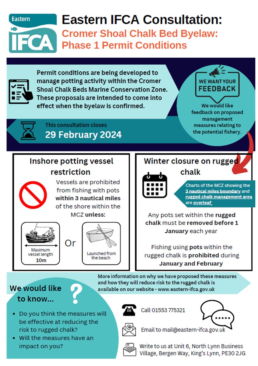 Have your say: Eastern IFCA has launched a consultation on the Cromer Shoal Chalk Beds Byelaw 2023 Phase 1 permit conditions. The deadline for responses is the 29th February 2024 and the consultation can be accessed on our website: eastern-ifca.gov.uk/cscb-mcz-arm-u…
