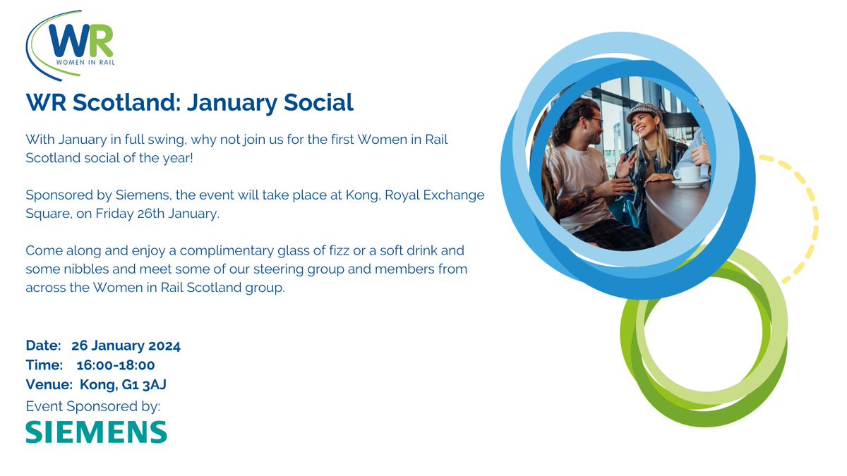 You're invited to take part in Women in Rail Scotland's January Social! Timing: 4-6pm Date: Friday 26th January 2024 Venue: Kong, Royal Exchange Square You can find more info and register your attendance here: womeninrail.org/events/scotlan… #WomenInRail #Event #Social #Networking