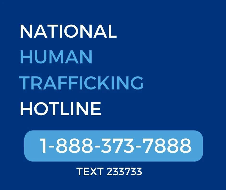 If you or someone you know has experienced human trafficking, help is available. 

The National Human Trafficking Hotline provides free, confidential help, 24/7. Visit humantraffickinghotline.org to learn more. #Partner2Prevent #EndTrafficking