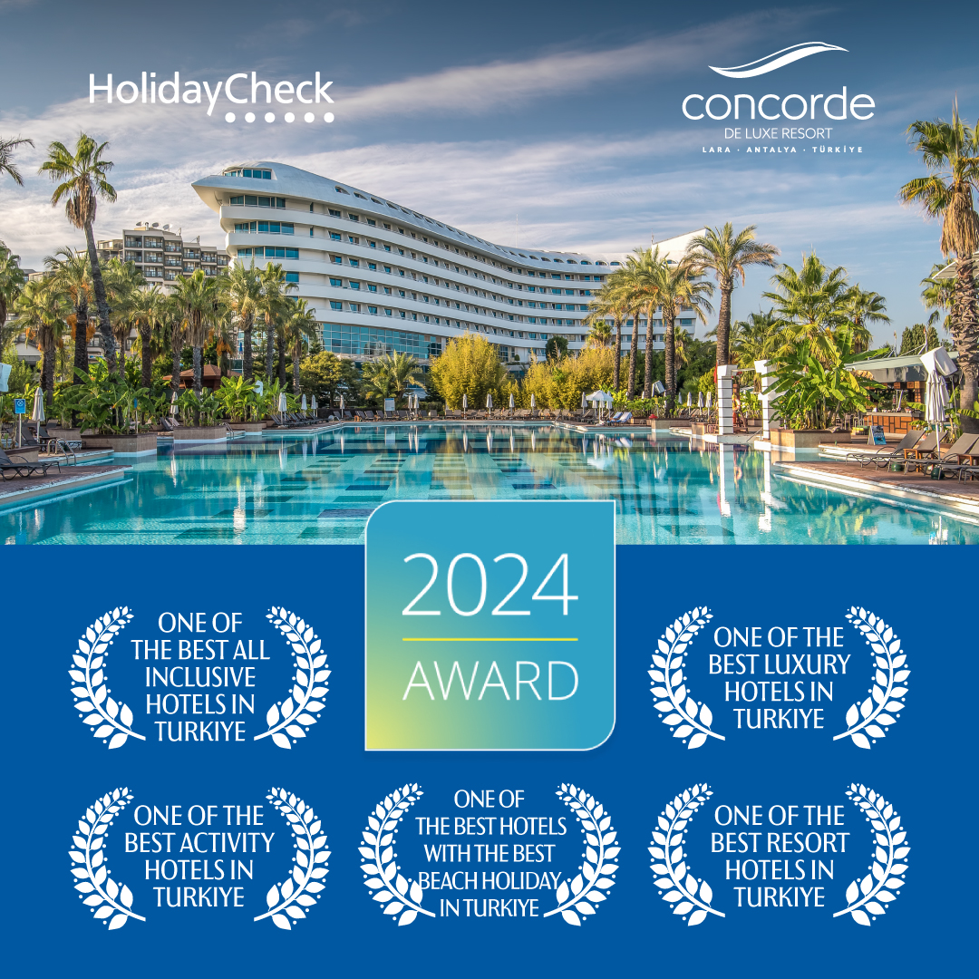 We are delighted to share with our valued guests that Concorde De Luxe Resort has been selected as Turkey's Best Resort Hotel by HolidayCheck in the year 2024. We sincerely thank our guests for their reviews and support. #ConcordeDeLuxeResort #HolidayCheck2024Award