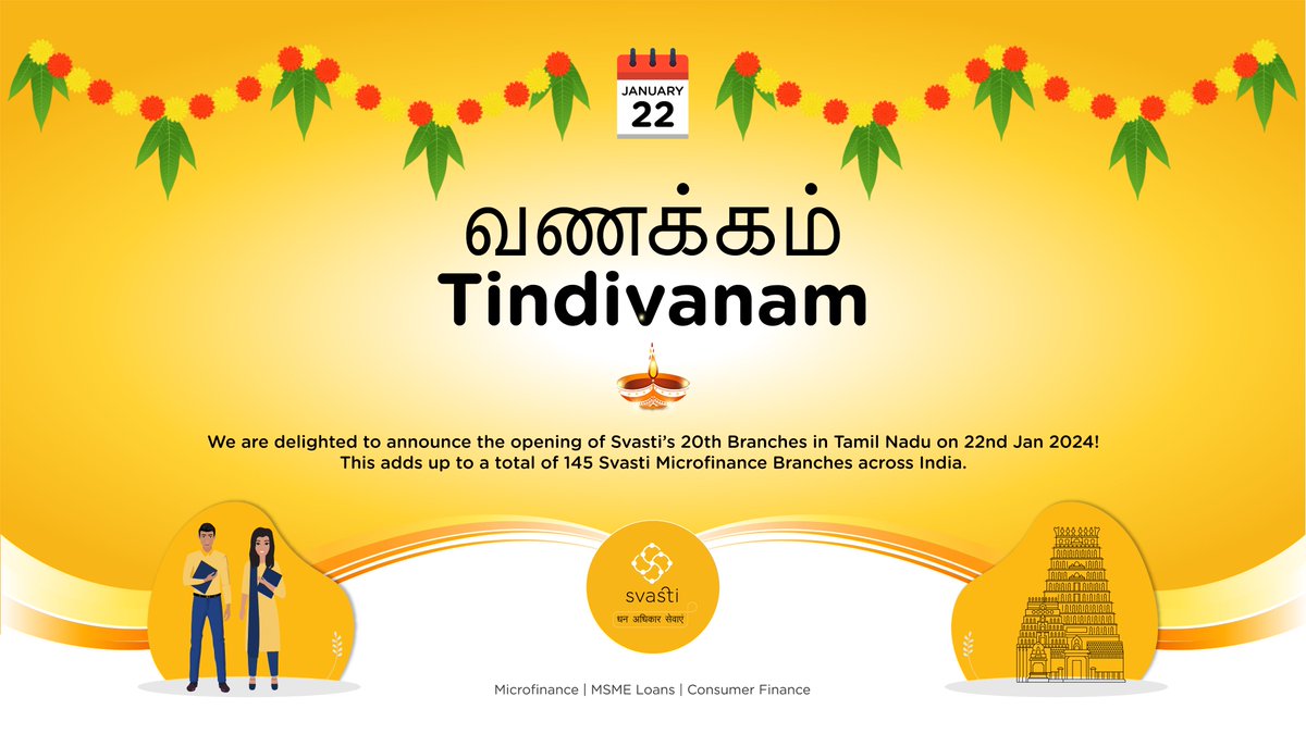 Svasti_IN's tweet photo. We're delighted to announce the opening of our 20th branch in Tamil Nadu and to provide the #RightToFinance to women and their families in Tindivanam. Now #SvastiMicrofinance has 145 branches across eight states of India!
#InclusiveFinance #MeraSvastitva @Abler_Nordic https://t.co/G4d1oncLLf