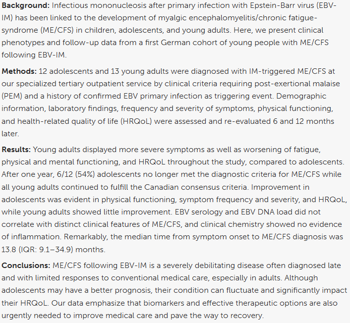 TomKindlon's tweet image. New from @C_Scheibenbogen team
One-year follow-up of young people with ME/CFS following infectious mononucleosis by Epstein-Barr virus

frontiersin.org/articles/10.33…

#EBV #MyalgicEncephalomyelitis #ChronicFatigueSyndrome #MEcfs #CFS #PwME