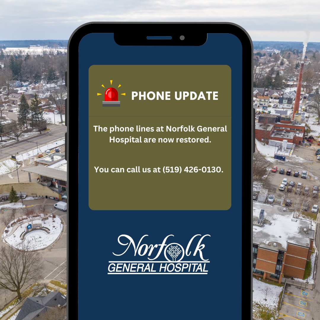 Good news! 

The phone lines at Norfolk General Hospital are now restored. You can call us at (519) 426-0130. 

Thank you for your patience as we resolved this issue.