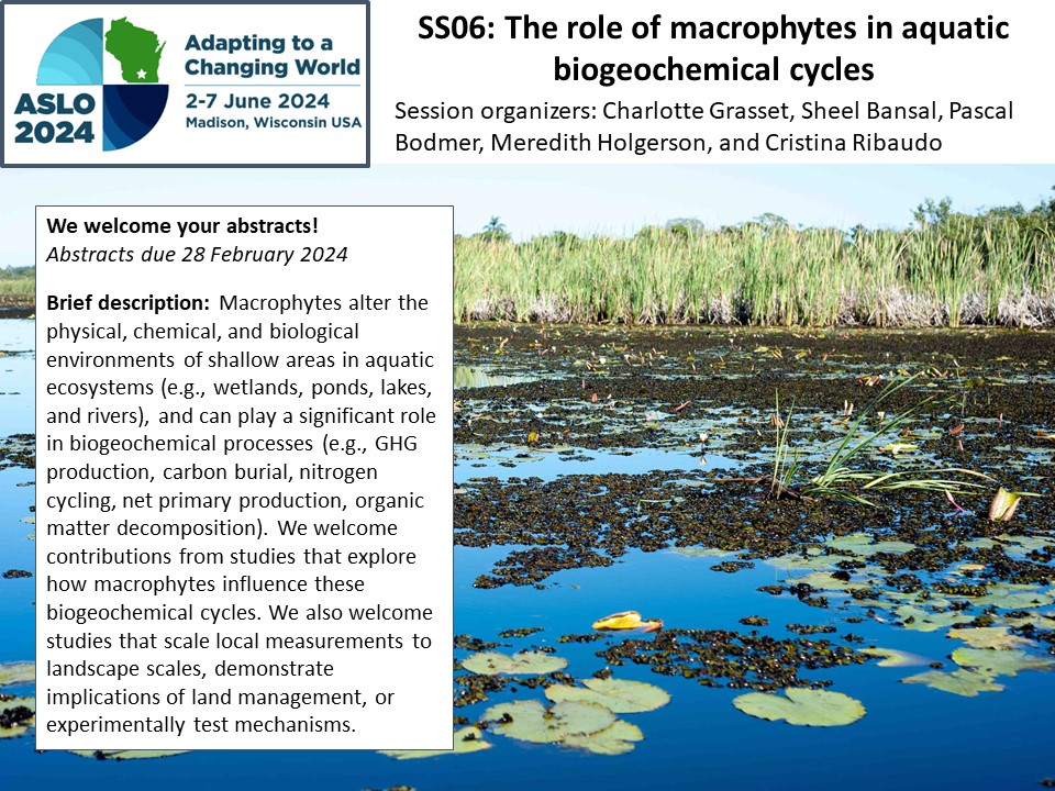#ASLO24 - We welcome your abstract submissions for our special session on the role of macrophytes in aquatic biogeochemical cycles! Hope to see you in Madison this June.