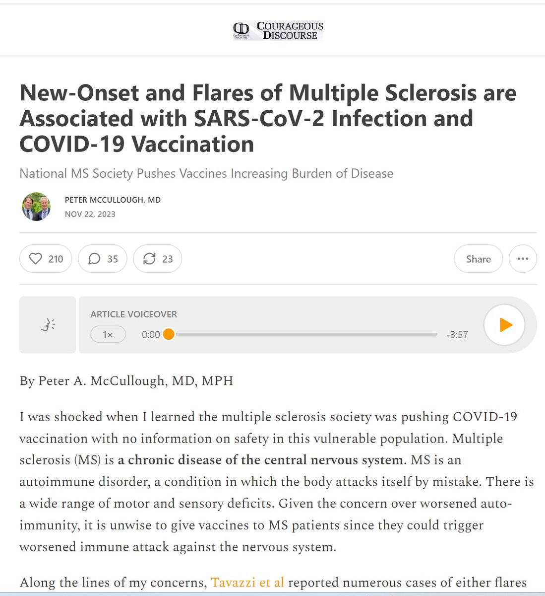 Stunning the @mssociety is still pushing vaccination when it is linked to new cases of MS and worsens existing disease.   Subscribe to Courageous Discourse. @MSNewsToday @MSassociation @mssocietyHCP @MS_HealthUnion @OvercomingMS @MyMSTeam  open.substack.com/pub/petermccul…