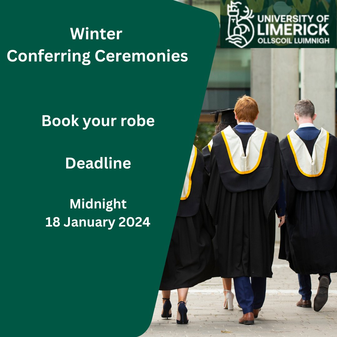 Graduating in January?
Conferring Ceremonies are fast approaching. We are all looking forward to seeing you on your graduation day.🎉

Book your robe by midnight Thursday 18 January 2024!!🎓
#ULGraduation #StudyatUL