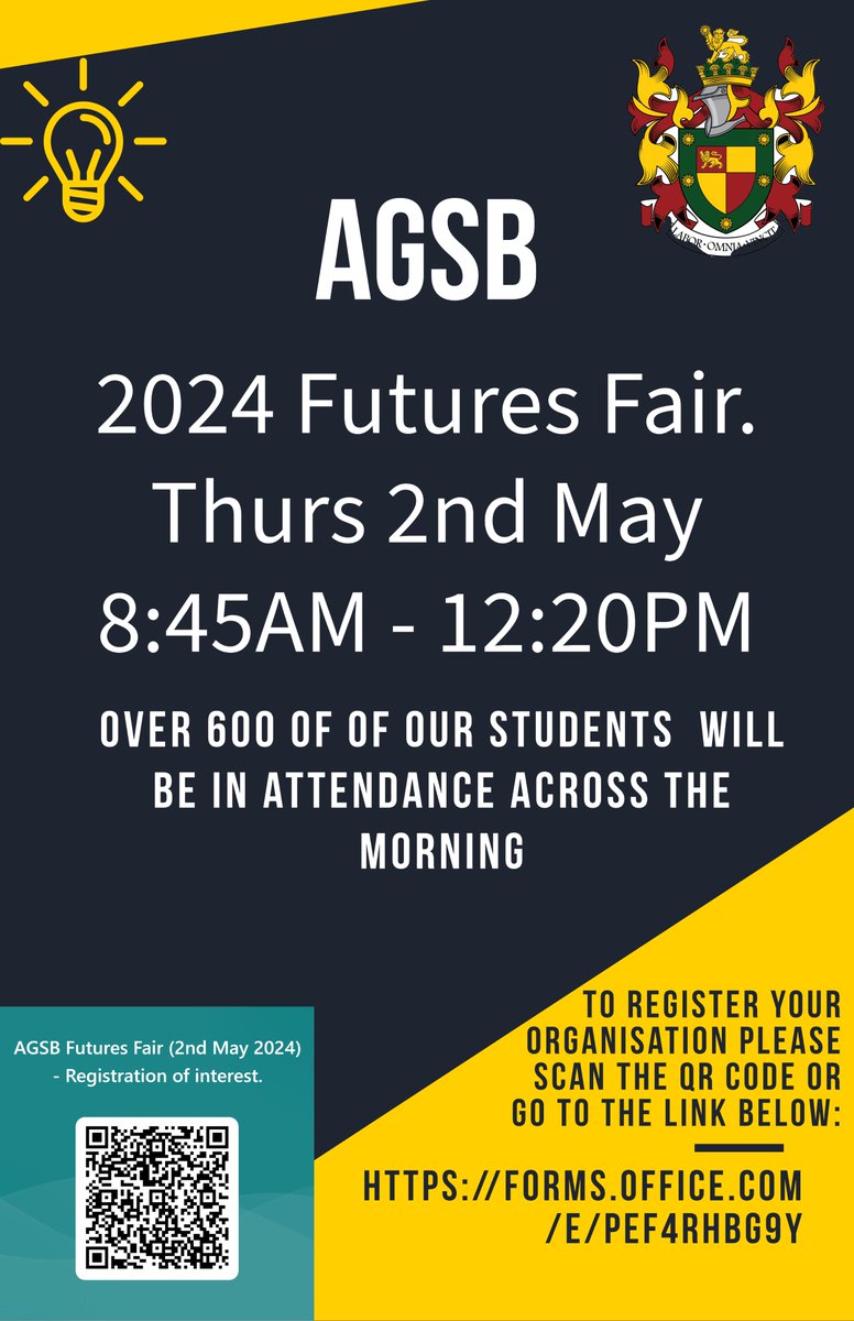 AGSB FUTURES FAIR.

In May we are running a careers fair for our Year 9, 10, and 12 students and are reaching out to employers, apprenticeship providers, and Universities who may want to exhibit on the day. Further information and registration details are on the attached photo.