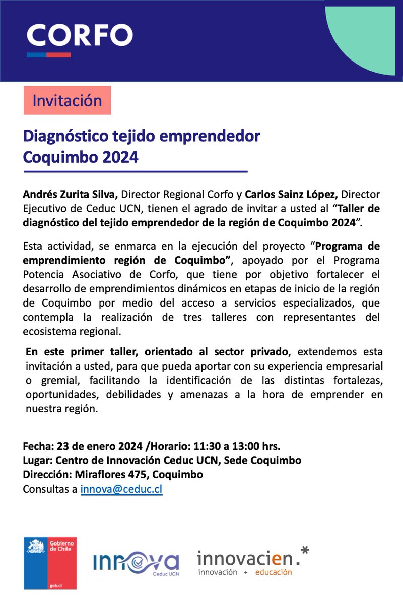 👀¿Eres representante gremial o empresarial del #emprendimiento de la Región de #Coquimbo?

📝Te invitamos a ser parte del Taller "Diagnóstico Tejido Emprendedor", que busca identificar las fortalezas, oportunidades, debilidades y amenazas al emprender en la región.

👇Más info: