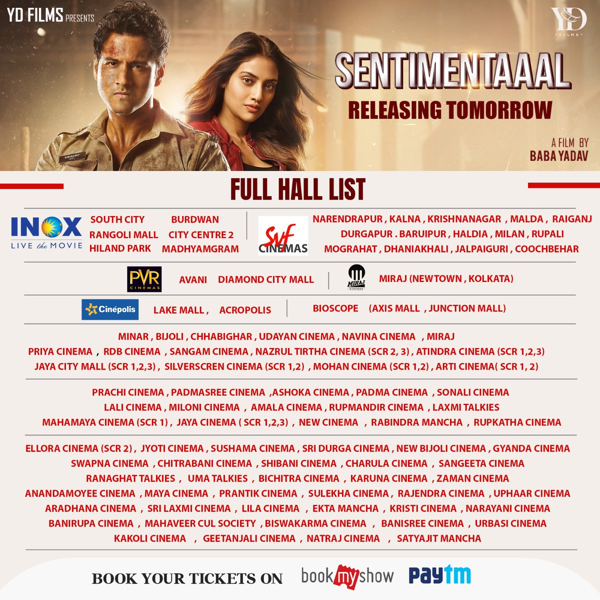 TollyBanglaBox1's tweet photo. Tomorrow Release... Here is the Hall list of #Sentimentaal ... (approx. 95 halls)
All the best to full team... @Yash_Dasgupta @nusratchirps @babbachi @YDFilmsSocial https://t.co/EgM1yHHk1o